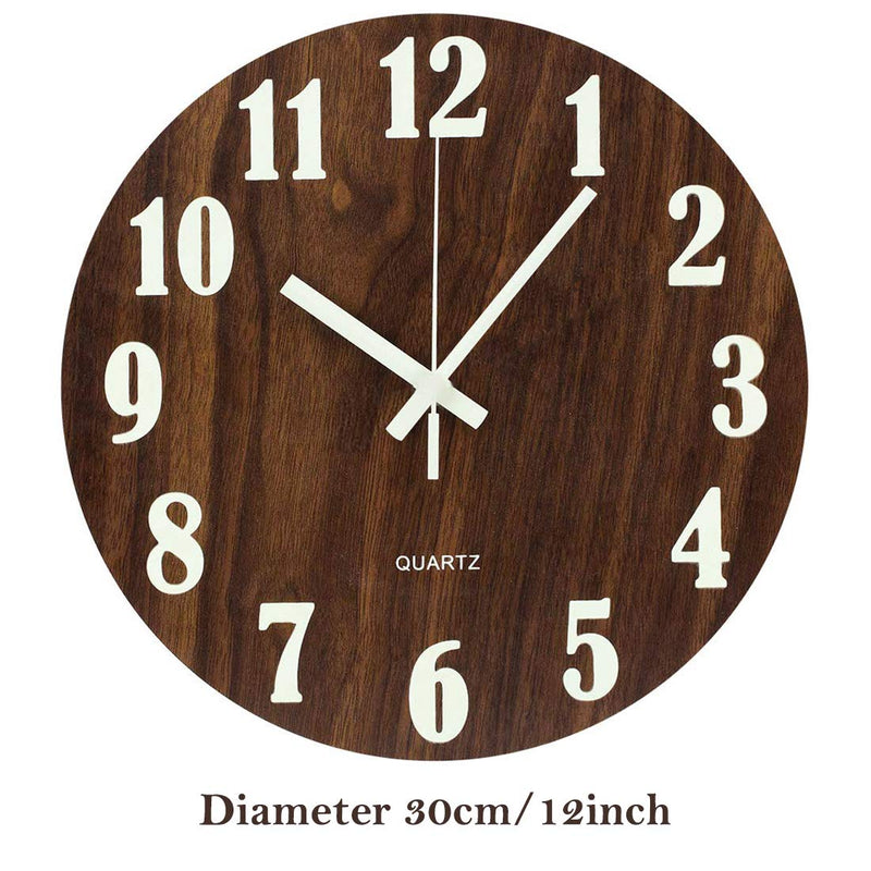 [Australia] - Topkey 12 Inch Luminous Wall Clock Silent Wooden Design Night Lights Round Wall Clock for Living Room and Bedroom (Battery Not Included) - Brown 