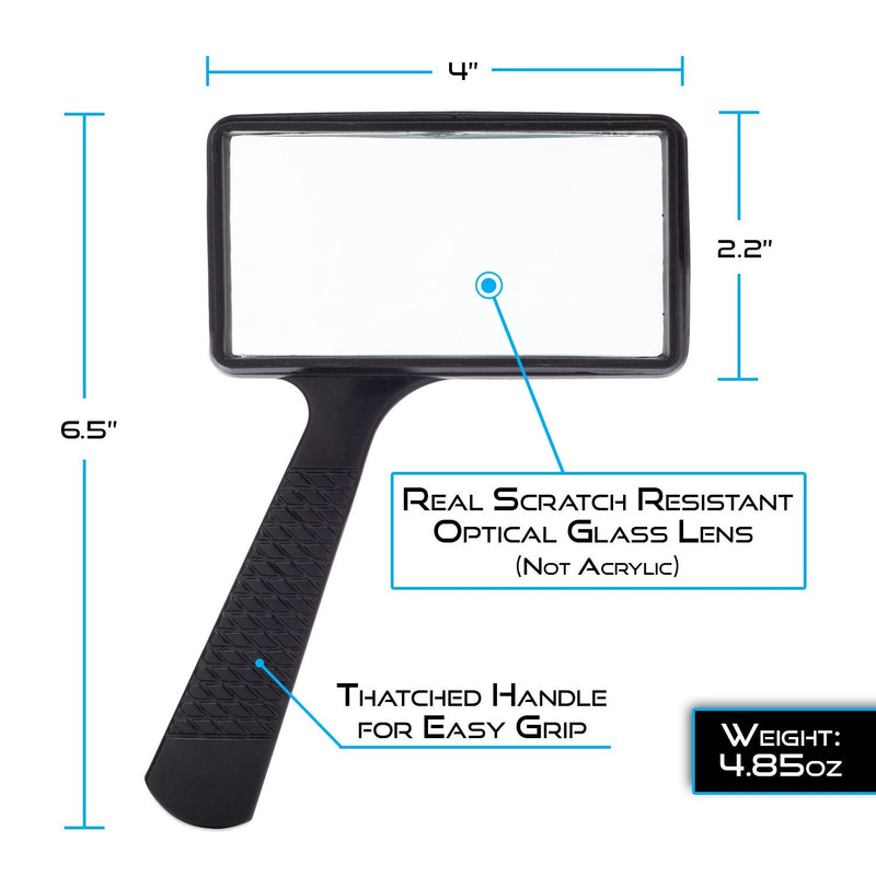 [Australia] - Jumbo Rectangular Handheld Magnifying Glass (3X Magnification) – Scratch Resistant Glass Lens - Large Horizontal Viewing Area 