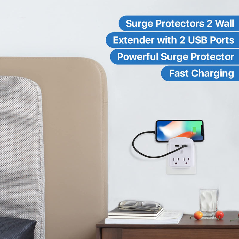 [Australia] - LAX Gadgets Multi-Plug Outlet - Surge Protectors 2 Wall Outlet Extender with 2 USB Ports - Suitable for Home, Office, & School - White 2 Wall Outlets and 2 USB Ports 