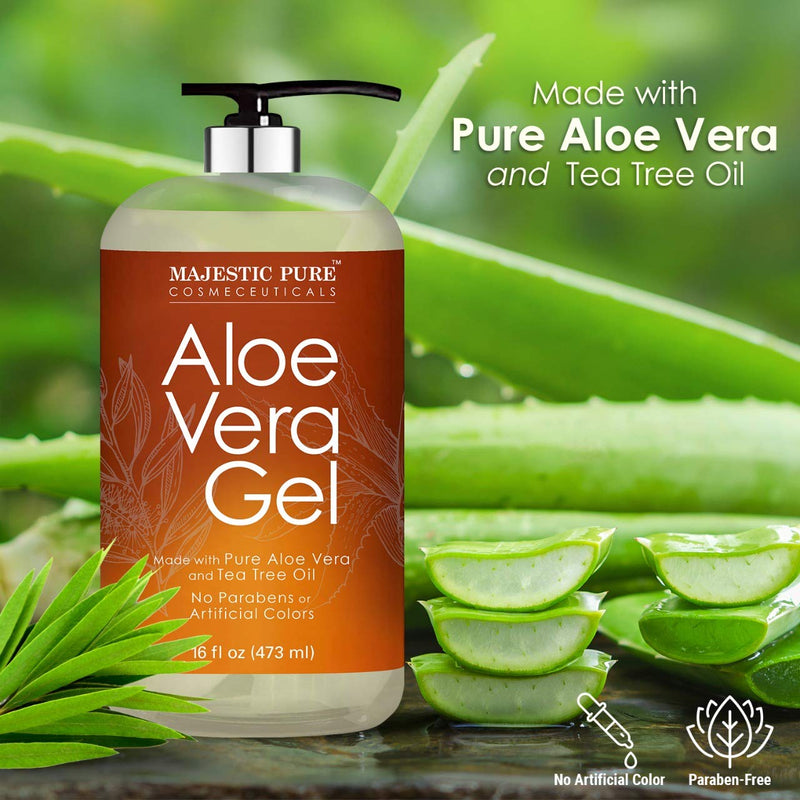 [Australia] - Aloe Vera Gel with Tea Tree Essential Oil by Majestic Pure- Pure Aloe Vera Gel Moisturizes and Nourishes Skin - Soothes Sunburn, Bites, Rashes, Small Cuts & Eczema - (Packaging May Vary) - 16 fl oz 