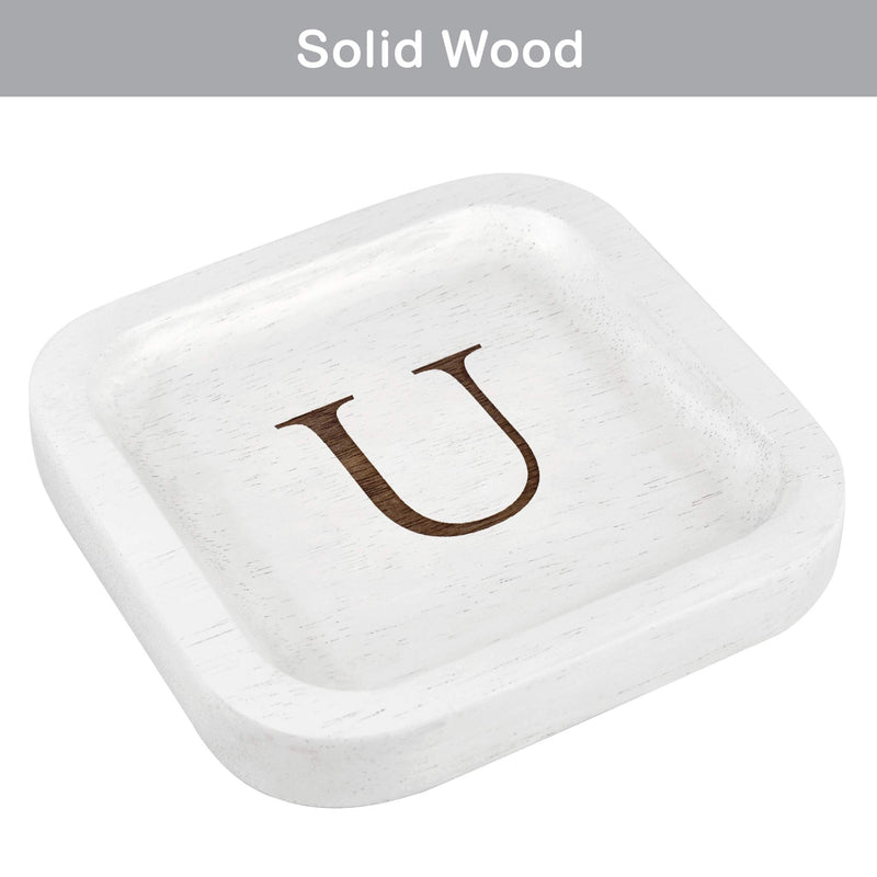 [Australia] - Solid Wood Personalized Initial Letter Jewelry Display Tray Decorative Trinket Dish Gifts For Rings Earrings Necklaces Bracelet Watch Holder (6"x6" Sq White "U") 6"x6" Sq White "U" 