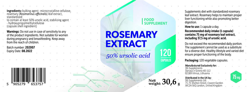 [Australia] - Ursolic Acid from Rosemary Extract 75mg 120 Vegan Capsules, High Strength Supplement, Gluten and GMO Free 