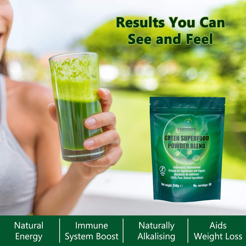[Australia] - Super Greens Powder Blend - Vitamin Mineral Nutrient Rich - Immune System & Energy Boost - Vegan Vegetarian Superfoods Supplement Alkaline 100% Natural Gluten Free Detox- 250g 50 Servings, Evanmore 