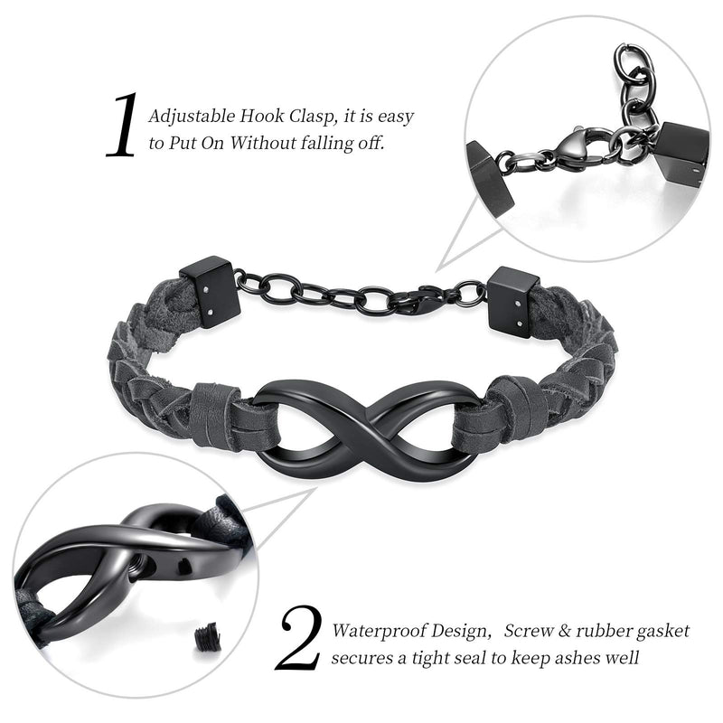 [Australia] - shajwo Cremation Bracelet for Ashes Infinity Cremation Jewelry for Ashes for Women Men Genuine Leather Keepsake Memorial Bangle Urn Bracelet Black-Black 