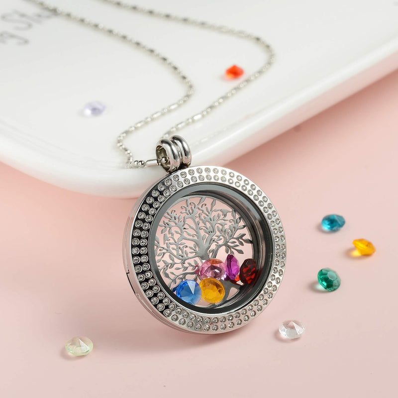 [Australia] - AZNECK Tree of Life Floating Charm Living Memory Lockets Pendant Necklace Stainless Steel Toughened Glass Gifts for Mom Family sp-01 