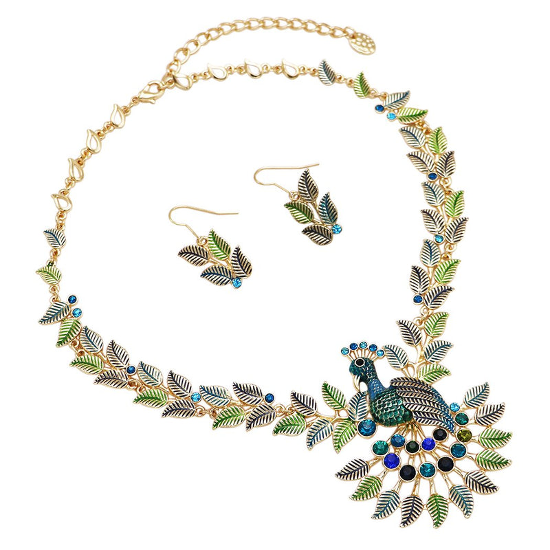 [Australia] - Rosemarie Collections Women's Exotic Crystal Adorned Peacock Necklace and Earrings Set, 14"-17" with 3" Extender- 