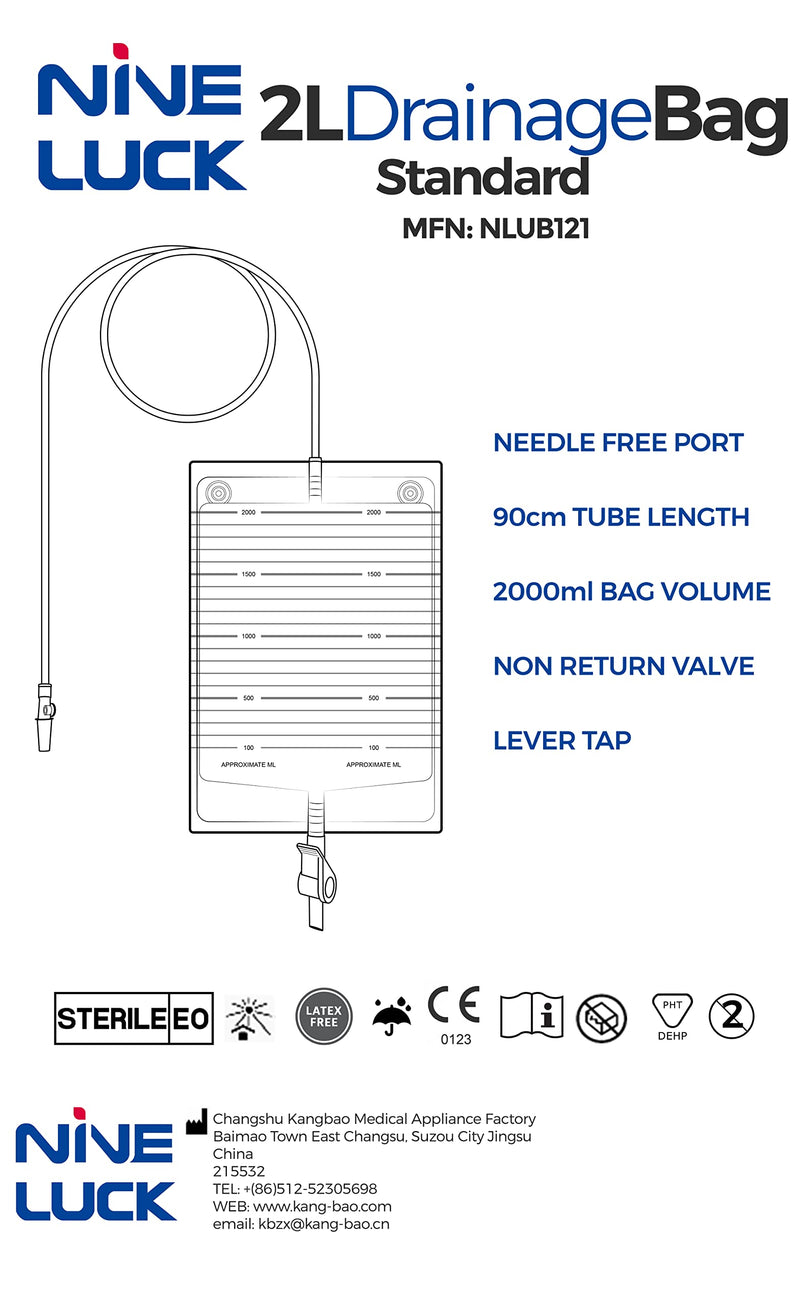 [Australia] - 1 Pack of Urine Drainage Bags 2000ml Capacity – STERILE Urine Bags with Lever Tap Valve and 90cm Tube - Drainable Urinary Bags - Non-Latex Urinary Night Bags 