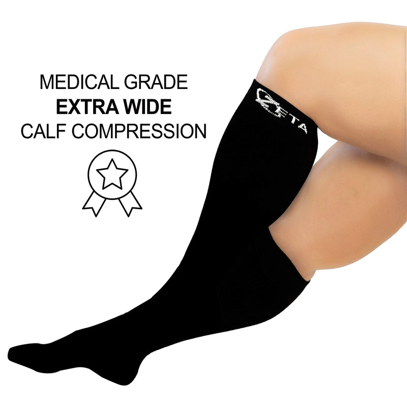 [Australia] - Zeta Socks XXXL Wide Plus Size Calf Compression, Soothing Comfy Gradient Support, Prevents Swelling, Pain, Edema, DVT, Large Cuffs, Unisex, for Flights (Black, XXXL) 