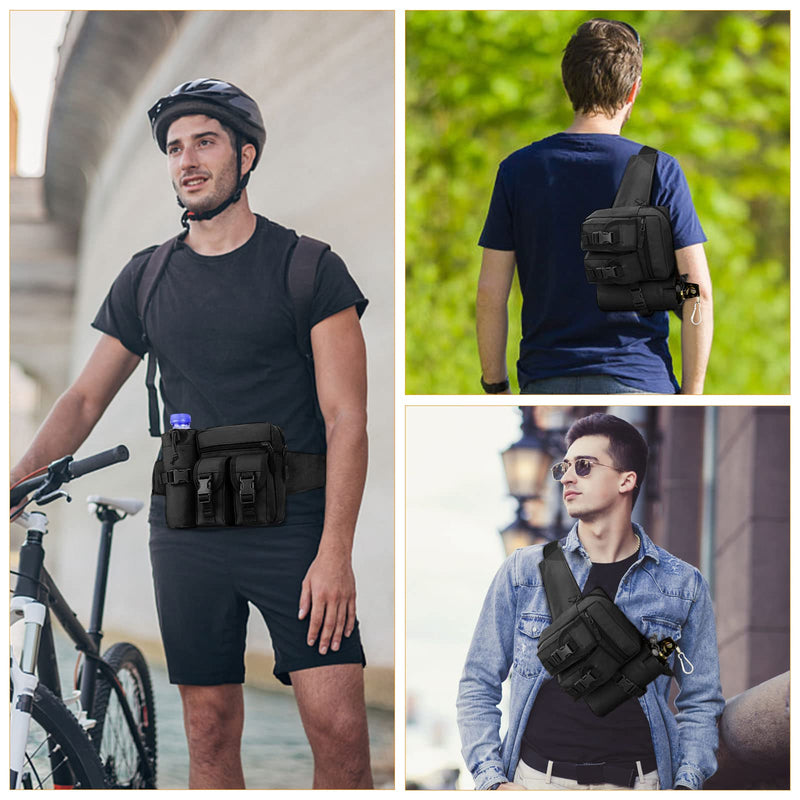[Australia] - HUNTVP Tactical Waist Pack Bag with Water Bottle Pouch Molle Fanny Bag Bumbag Waist Bag for Dog Walking Running Hiking Travel Outdoors Black 