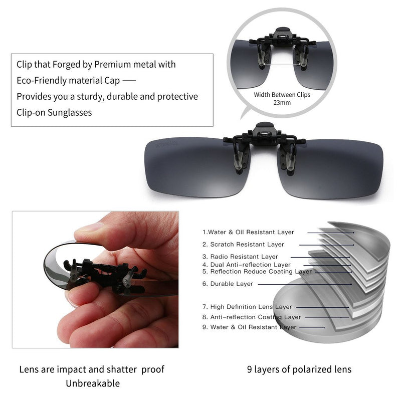 [Australia] - Polarized Clip-on Flip Up Metal Clip Rimless Sunglasses for Prescription Glasses Black 56*33mm 