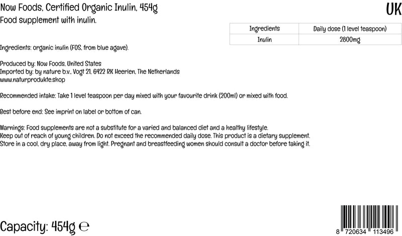 [Australia] - Now Foods, Certified Organic Inulin (Organic Inulin) from Blue Agave, Dietary Fibre, 454g Vegan Powder, Lab-Tested, Soy Free, Gluten Free, Non-GMO, Vegetarian 