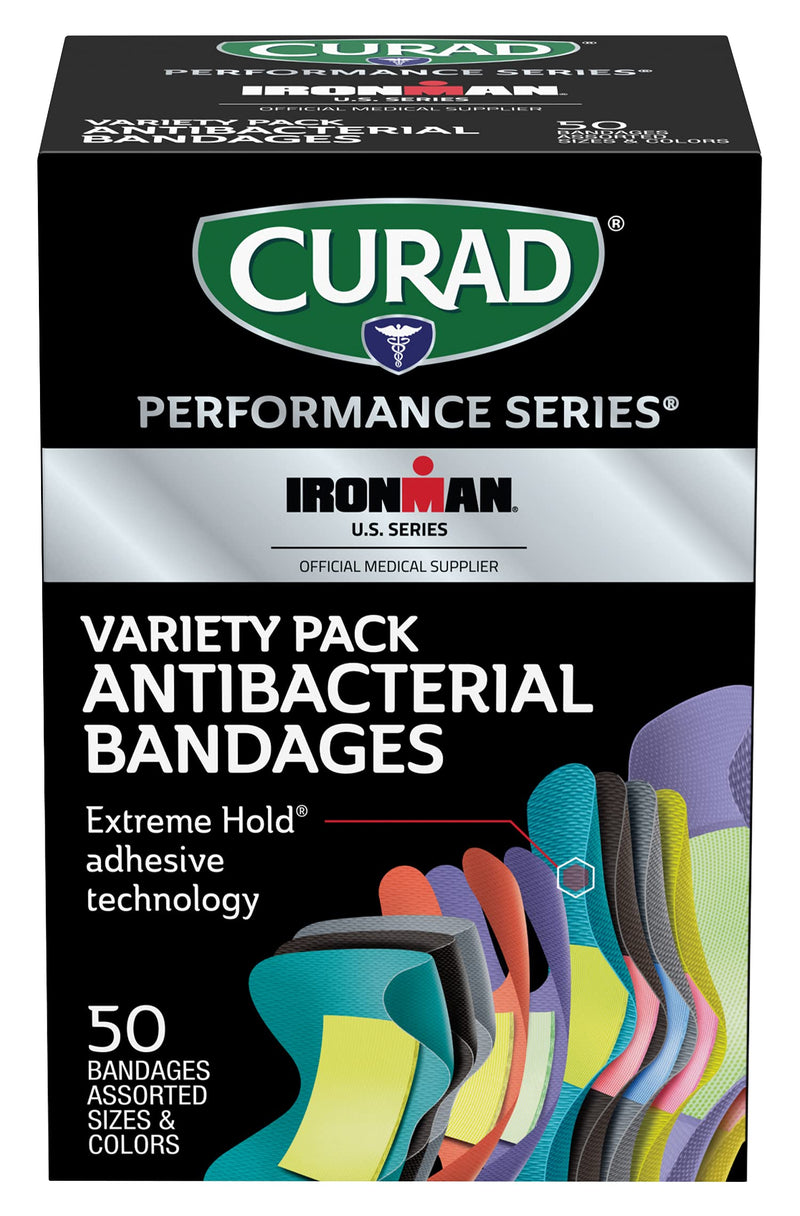 [Australia] - Curad Performance Series Ironman Antibacterial Bandages, Extreme Hold Adhesive Technology, Assorted Variety Pack Includes Standard, XL, Finger & Knuckle Fabric Bandages, 50 Count 