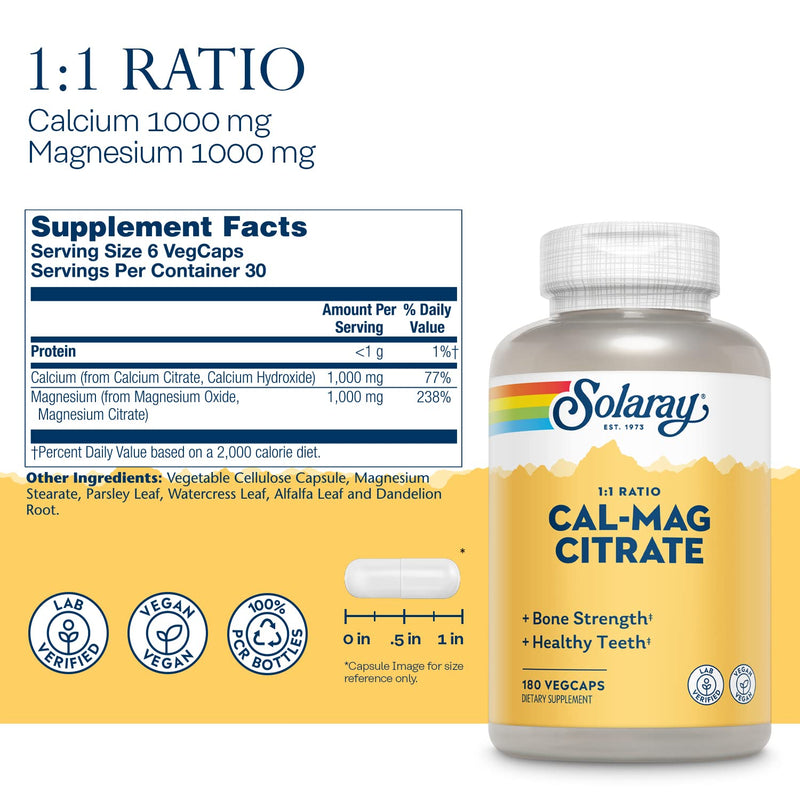 [Australia] - Solaray Calcium Magnesium Citrate 1:1 Ratio, Healthy Bones, Teeth, Muscle & Nervous System Support, 30 Serv, 180 VegCaps 
