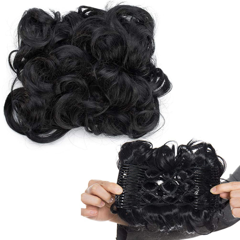 [Australia] - Short Messy Curly Dish Hair Bun Extension Easy Stretch hair Combs Clip in Ponytail Extension Scrunchie Chignon Tray Ponytail Hairpieces Black Black-#1 