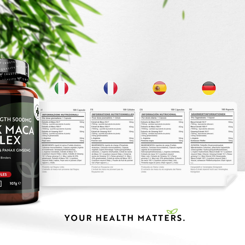 [Australia] - Maca Root Capsules 5000mg (High Strength) – 180 Vegan Black Maca Capsules (6 Month Supply) – Not Tablets – 100% Peruvian Maca – with L-Arginine, Panax Ginseng & Black Pepper – Made in UK by Nutravita 