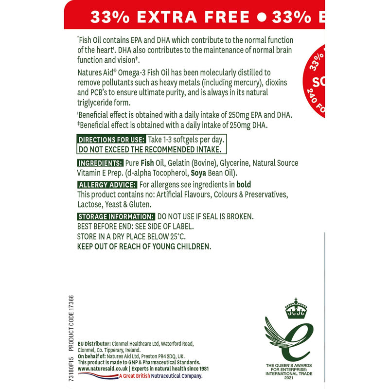 [Australia] - Natures Aid Fish Oil 1000mg | Omega 3 (180mg Epa & 120mg Dha) | Made In The Uk, 240 Softgels For The Price of 180, 240 Capsules 