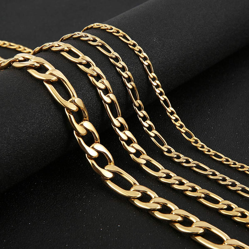 [Australia] - HZMAN Men Women 24k Real Gold Plated Figaro Chain Stainless Steel Necklace, Wide 5mm 7mm 9mm 13mm 16.0 Inches gold-stainless-steel,wide:5mm 