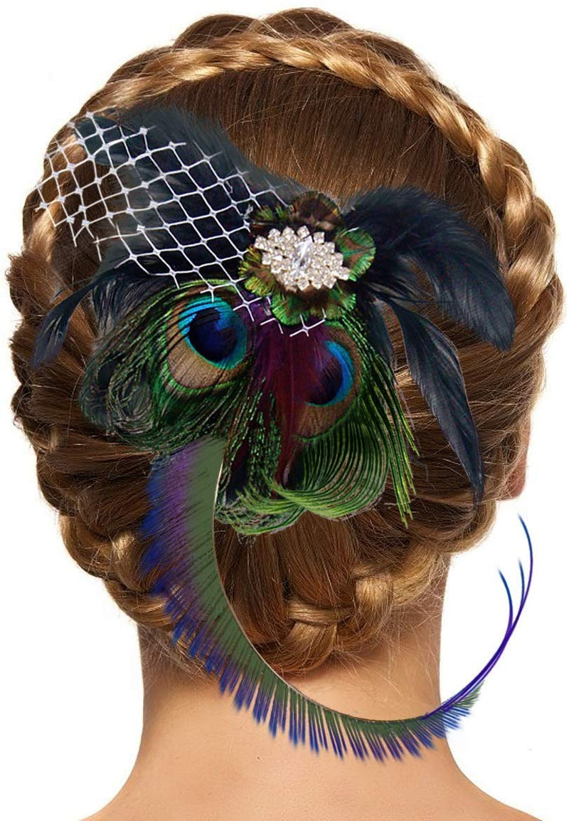 [Australia] - Number-One Fascinators Peacock Feather Hair Clip Headband Mesh Rhinestone Bridal Wedding Costume Cocktail Tea Party Photography Headwear Headdress Hair Accessories with Hairpin for Women 