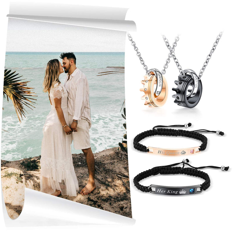 [Australia] - Couples Jewelry Sets-Hand Braided His Queen and Her King Bracelets, Crown Ring Matching Necklaces, for Chirstmas,Valentines Day Gift,with Gift Box 