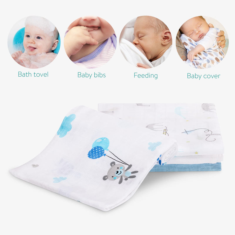 [Australia] - Navaris Muslin Cloths for Baby (Pack of 4) - 80 x 80 cm Squares for Burping, Blanket, Cot - Super Soft Bamboo and Cotton Animals 