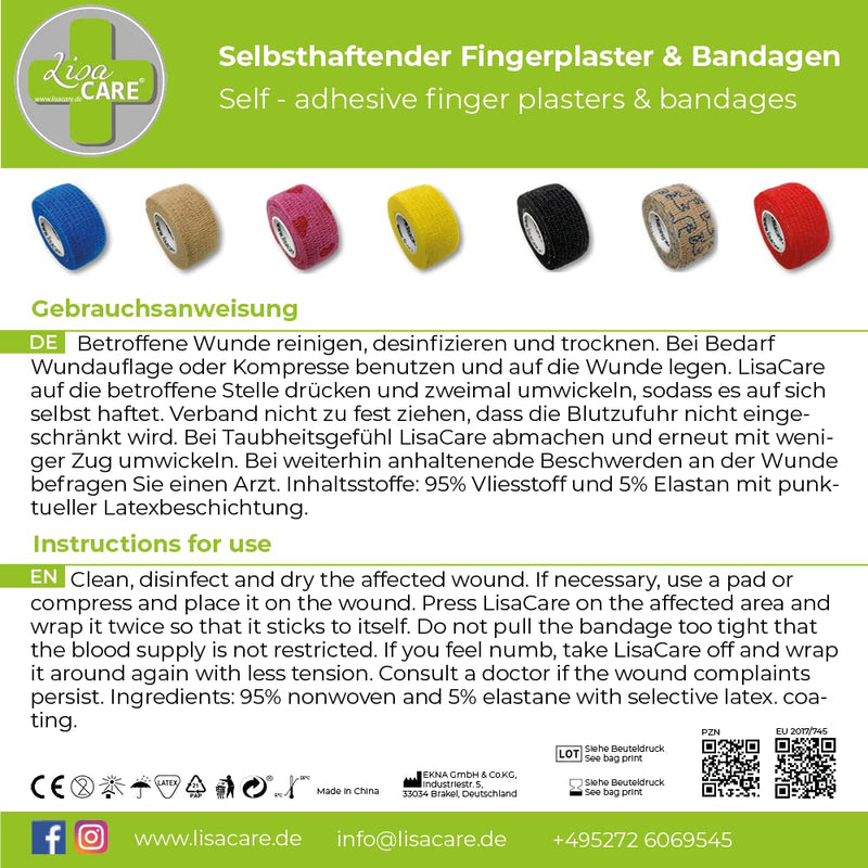 [Australia] - LisaCare Self-Adhesive Finger Plasters - Elastic, Waterproof, Dust- Grease and Dirt-Repellent Plasters - Colour Mix 5 Colour Mix5/Colourmix5 