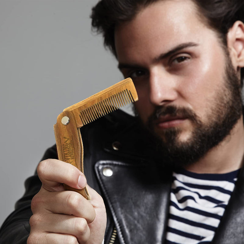 [Australia] - Folding Beard Comb w/Carrying Pouch for Men - All Natural Wooden Beard Comb w/Gift Box - Green Sandalwood Comb for Grooming & Combing Hair, Beards and Mustaches by Viking Revolution 