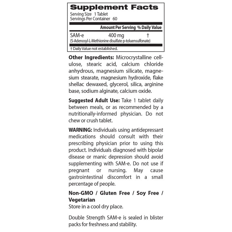[Australia] - Doctor's Best SAM-e 400 mg, Vegan, Gluten Free, Soy Free, Mood and Joint Support, 60 Enteric Coated Tablets 60 Count (Pack of 1) 