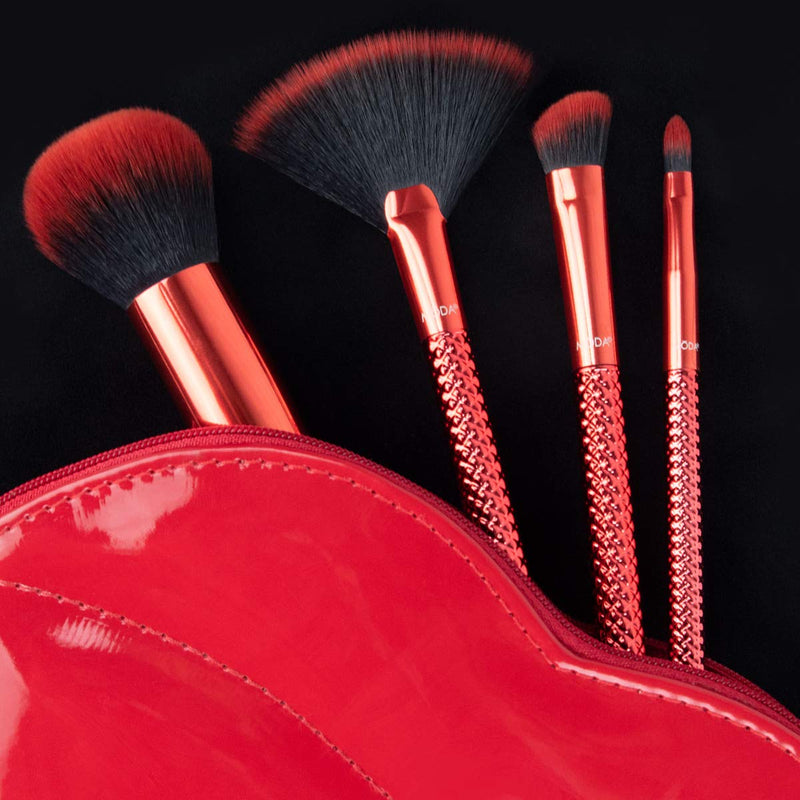 [Australia] - MODA Full Size MWAH! Full Face 5pc Makeup Brush Set with Pouch, Includes - Buffer, Highlighter, Angle Shader, and Precision Lip Brushes, Red 