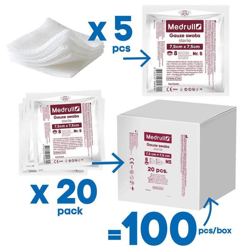 [Australia] - Medrull - Sterile Gauze Swabs, Pack of 100 (20 x 5 Pieces) 8-Ply, 7.5 cm x 7.5 cm, Absorbent Dressings, Bandage Material, Gauze Bandages, Wound Dressings 7.5x7.5 cm (100er Pack) 