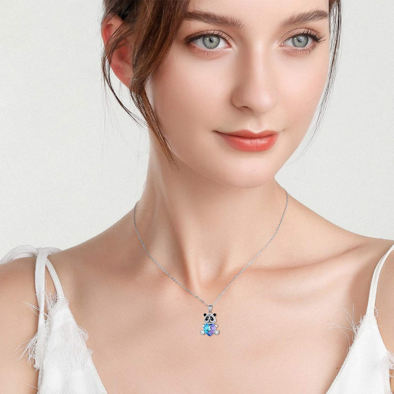 [Australia] - AOBOCO Sterling Silver Cute Animal Heart Pendant Necklace for Women Teen Girls, Embellished with Crystals from Swarovski 03_Panda 