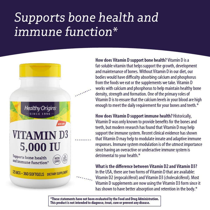 [Australia] - Healthy Origins Vitamin D3 5, 000 IU (Non-GMO), 360 Softgels 360 Count (Pack of 1) 