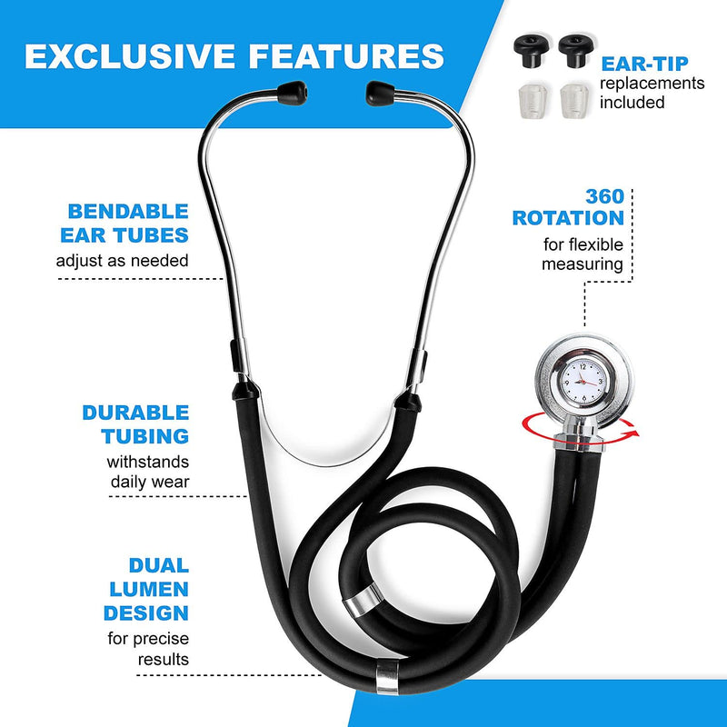 [Australia] - Primacare DS-9298 Black Medical Clock Stethoscope with Analog Watch, 22" Tubing Convertible Regular Sprague Rappaport Stethoscopes, First Aid Emergency Essential Kits with Headset 