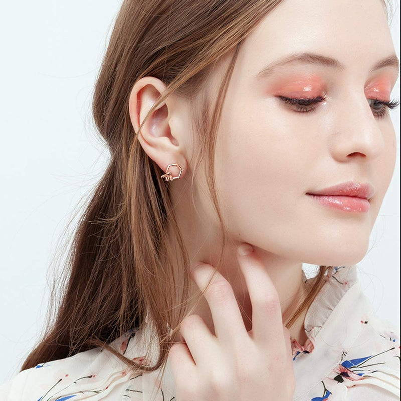 [Australia] - Bee Stud Earrings Sterling Silver Honey Bumble Bee Comb Studs Christmas Gifts for Women Girls Bee stud earrings-rose gold 