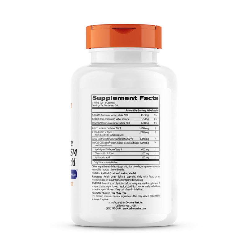 [Australia] - Doctor's Best Glucosamine Chondroitin MSM + Hyaluronic Acid with OptiMSM Featuring Biocell Collagen, Joint Support, Non-GMO, Gluten Free, Soy Free, 150 Caps 