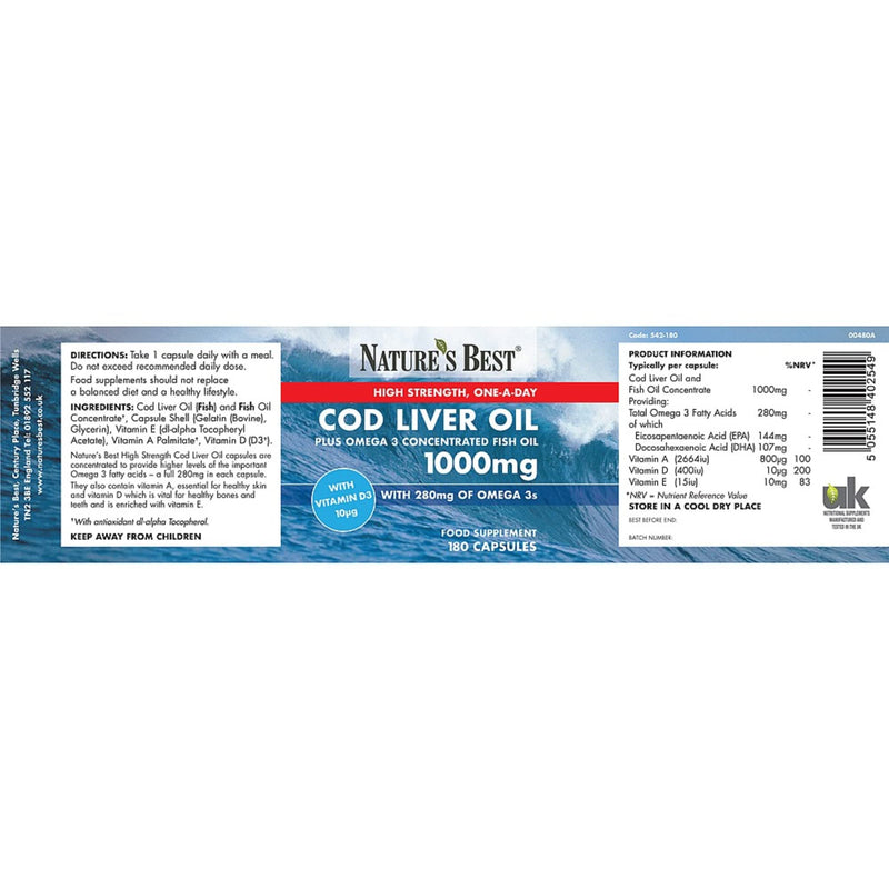 [Australia] - High Strength Cod Liver Oil Capsules 1000mg | 180 Capsules | One-A-Day | 6 month's Supply | Taste Free | Omega 3s with Vitamin D3 10�g | UK Made | 5-Stage Purification Process 