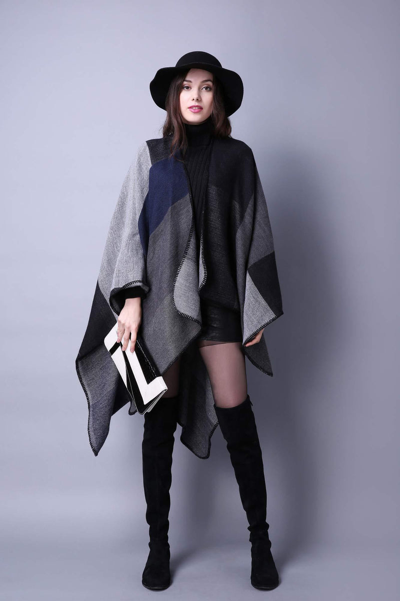 [Australia] - ZTOFERA Women's Poncho Shawl Vintage Warm Open Front Wrap Cape Reversible Scarf Black 