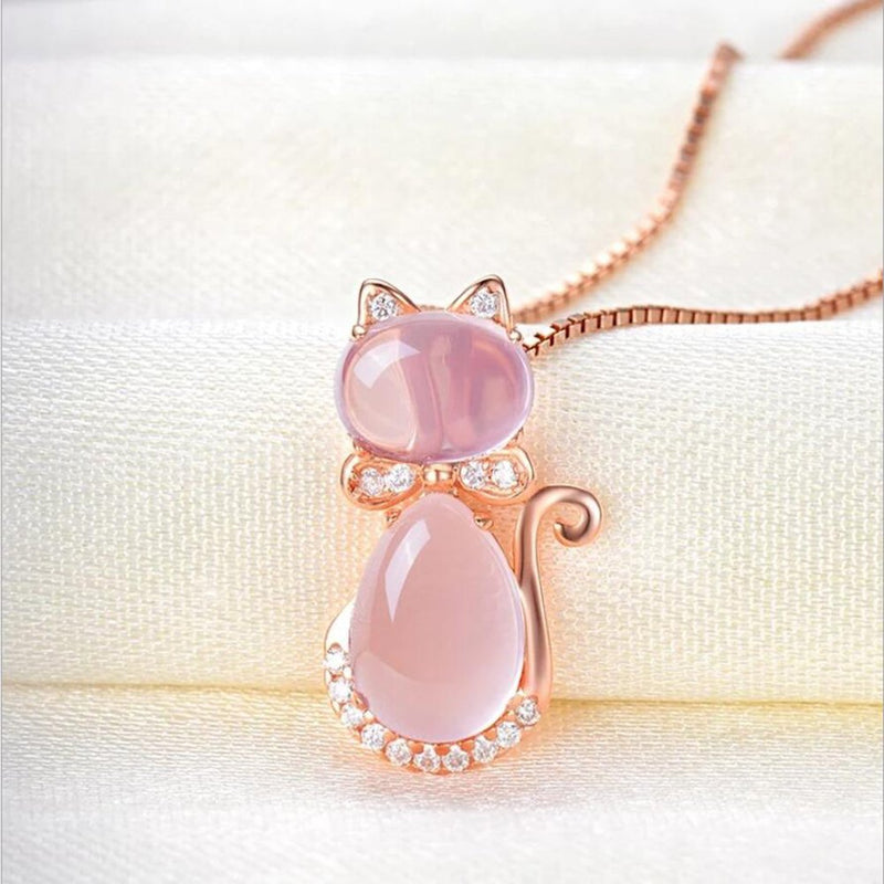 [Australia] - COLORFUL BLING Pink cat Pendant Necklace Ross Stone Quartz Opal Cute Rose Gold Silver Plated Chain Necklace for Women Girls 