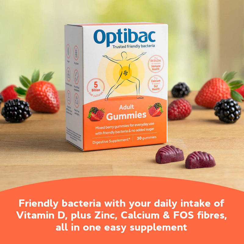 [Australia] - Optibac Probiotics Adult Gummies - Vegan Digestive Probiotic Supplement with Vitamin D, Zinc & Calcium for Immune Support & Gut Health - 5 Billion Bacterial Cultures - 30 Gummies 