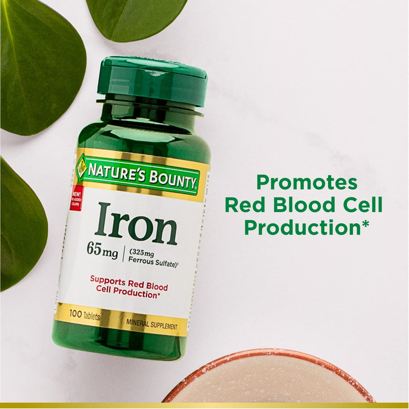 [Australia] - Nature’s Bounty Iron 65mg, 325 mg Ferrous Sulfate, Cellular Energy Support, Promotes Normal Red Blood Cell Production, 100 Tablets 