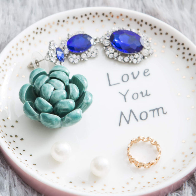 [Australia] - Jojuno Mom Gift Ring Holder Dish Ceramic Succulents Decorative Trinket Plate - 4.5 Inches Diameter Jewelry Dish Tray- Love You Mom Birthday Xmas Gift 