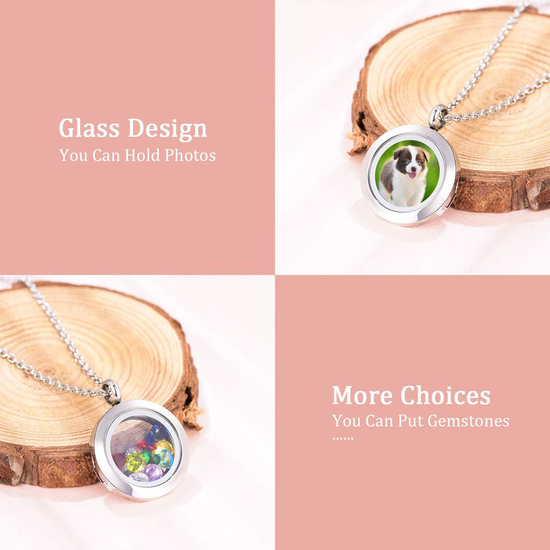 [Australia] - EVERLEAD Living Memory Floating Round Locket Pendant Charms Necklace 316L Stainless Steel Toughened Glass Free Chain and Zircon 30mm magnetic 