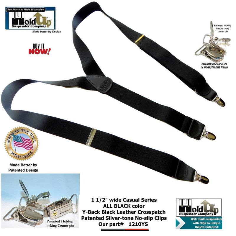 [Australia] - Holdup Suspender Company USA made All Black Casual Series Y-back Suspenders with Patented Silver-tone No-Slip clips 