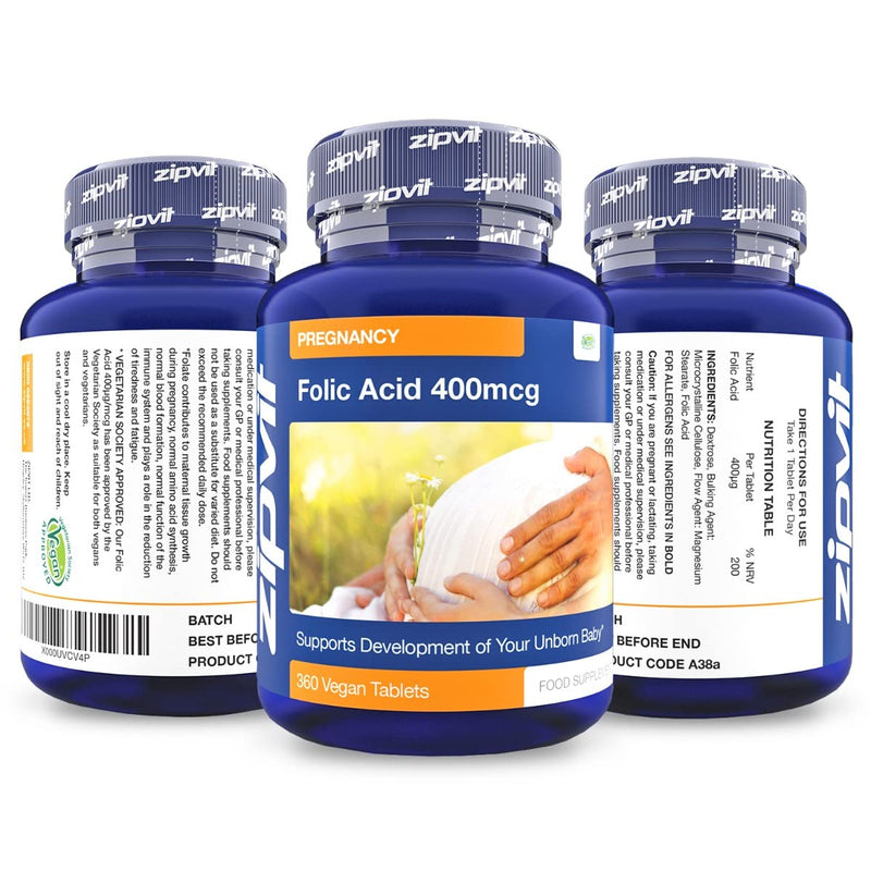 [Australia] - Folic Acid 400mcg, Folate (Vitamin B9), 360 Vegan Tablets, Prenatal Vitamin, Supports Maternal Tissue Growth During Pregnancy, Reduces Tiredness and Fatigue, 1 Year Supply 