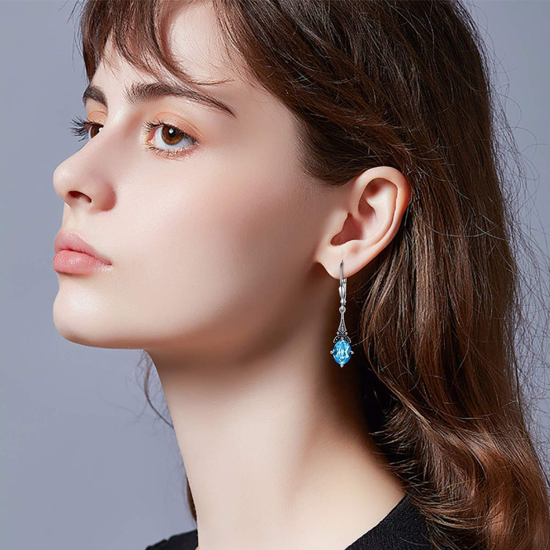 [Australia] - Vintage Drop Earrings 925 Sterling Silver Earrings with Aquamarine Crystal, Art Nouveau Style 