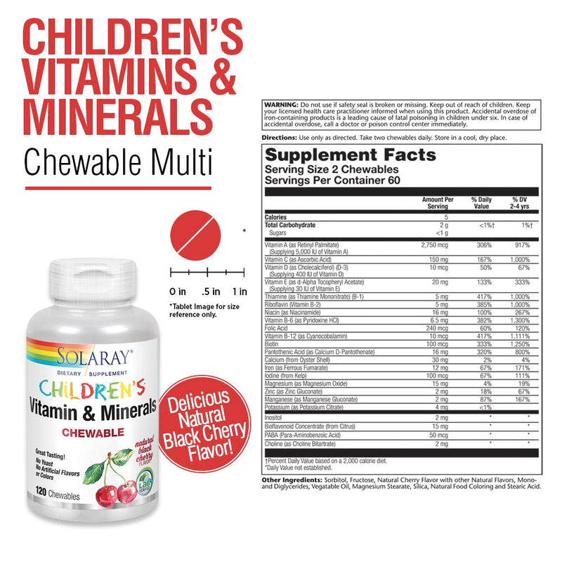 [Australia] - Solaray Childrens Vitamins & Minerals | Complete Multivitamin for Kids | Great Black Cherry Flavor (120 Chews, 60 Serv) 120 Count (Pack of 1) 