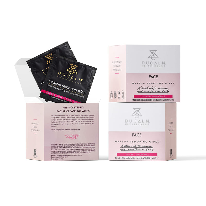 [Australia] - Natural Makeup Removing Wipes (14 Count) by Ducalm Skincare - Infused with Lavender, Sunflower and Jojoba - Gentle Towelette to Remove Resistant Makeup and Dirt - Alcohol and Paraben Free 
