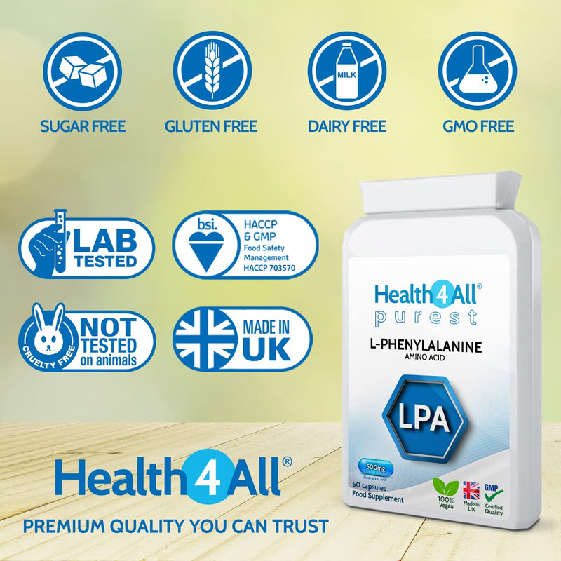 [Australia] - L-Phenylalanine 500mg 60 Capsules (V) .(not Tablets) Purest- no additives for Mood, Memory, Attention and Thyroid. Vegan Natural L- Form. Made in The UK by Health4All 60 Count (Pack of 1) 