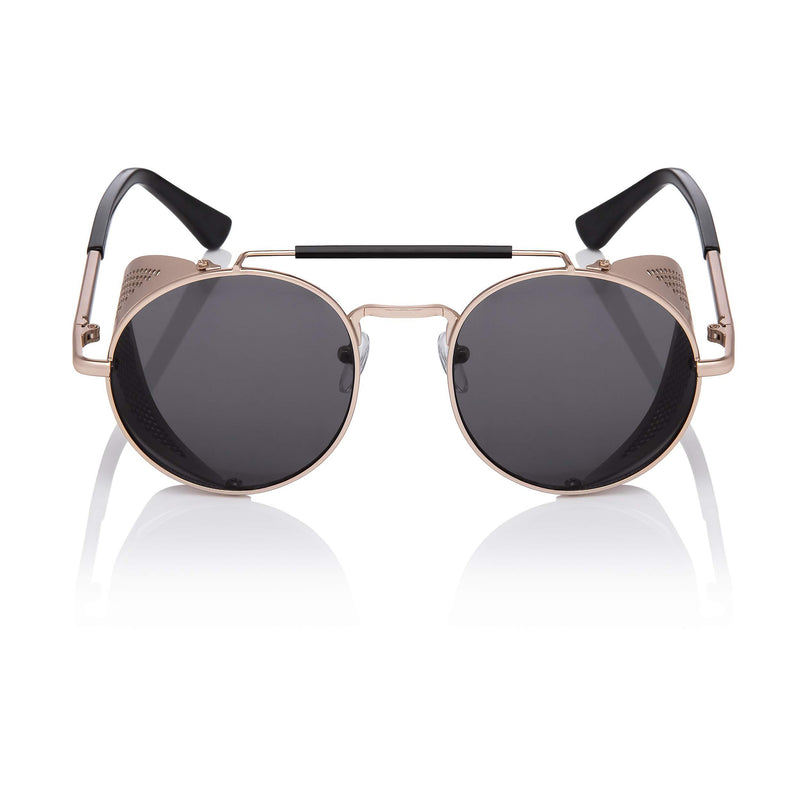[Australia] - Steampunk Deep Blinder Sunglasses Retro Women Mens Round Goggles Glasses UV400 Gold With Black Lenses 