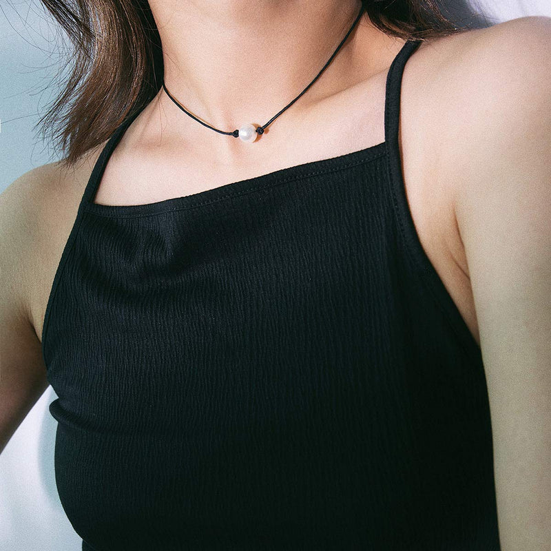 [Australia] - Strain Single Pearl Choker Necklace for Women Girls Summer Beach Black Leather Shell Necklace Set, 3Pcs 3 Pack Choker Necklace-Style 1 