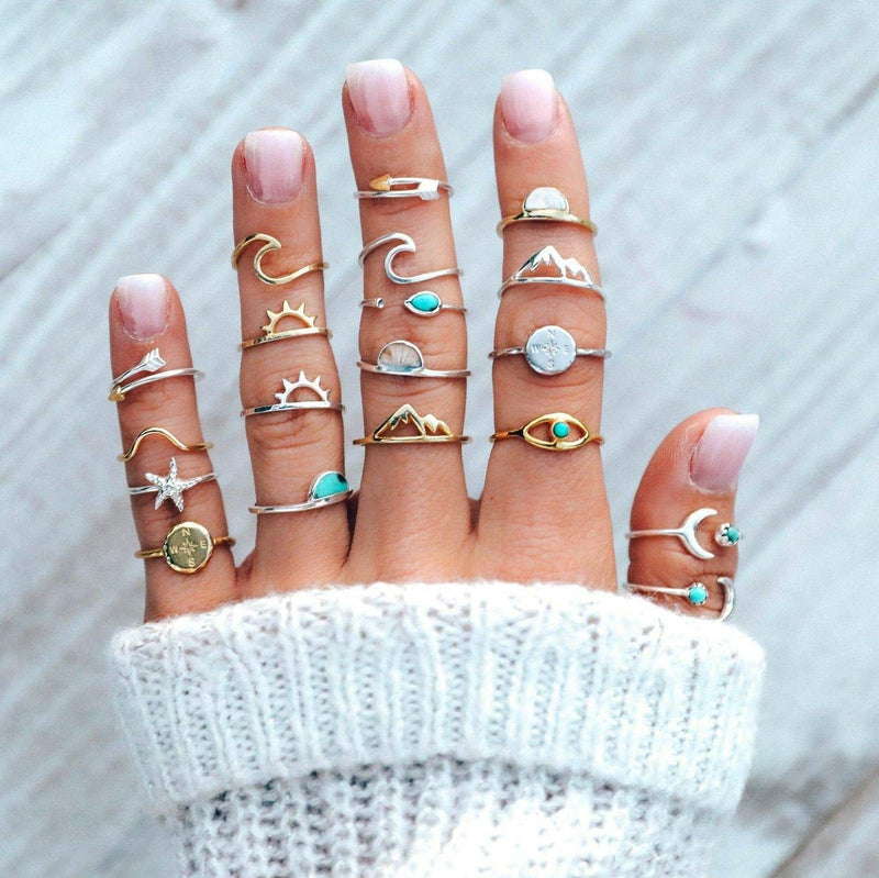 [Australia] - FUTIMELY Boho Retro Stackable Rings Sets for Teen Girls Women,Peak Sea Wave Compass Turquoise Rhinestone Knuckle Joint Finger Kunckle Nail Ring Sets GOLD 